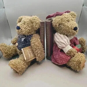 Vintage Set of Plush Teddy Bear Wooden Bookends Books are Fun/Teddies Stories